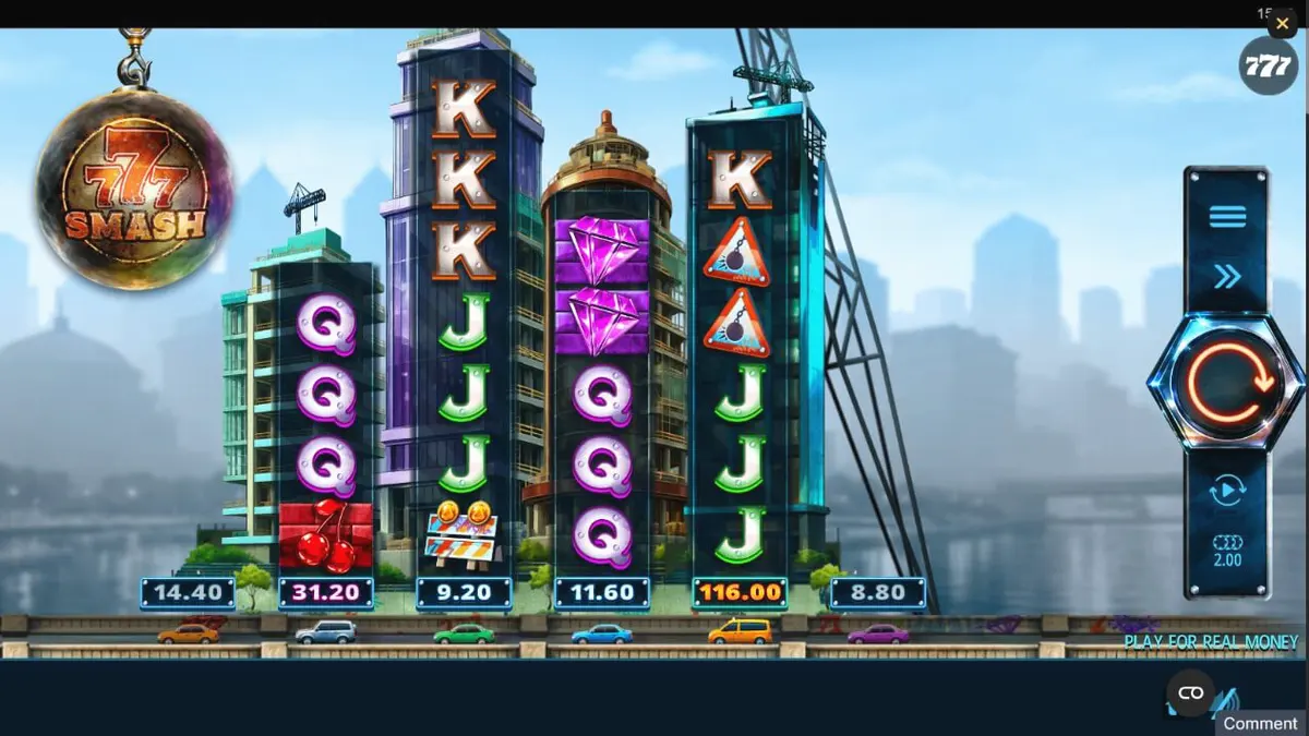 Isang wrecking ball na tumatama sa isang skyscraper sa 777 Smash slot.